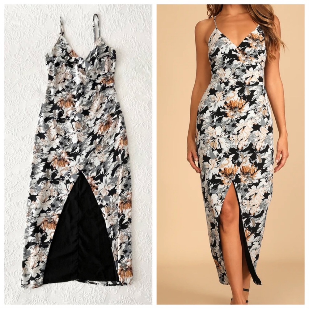 Lulus Fresh Impression Black Floral Print Surplice Maxi Dress Medium